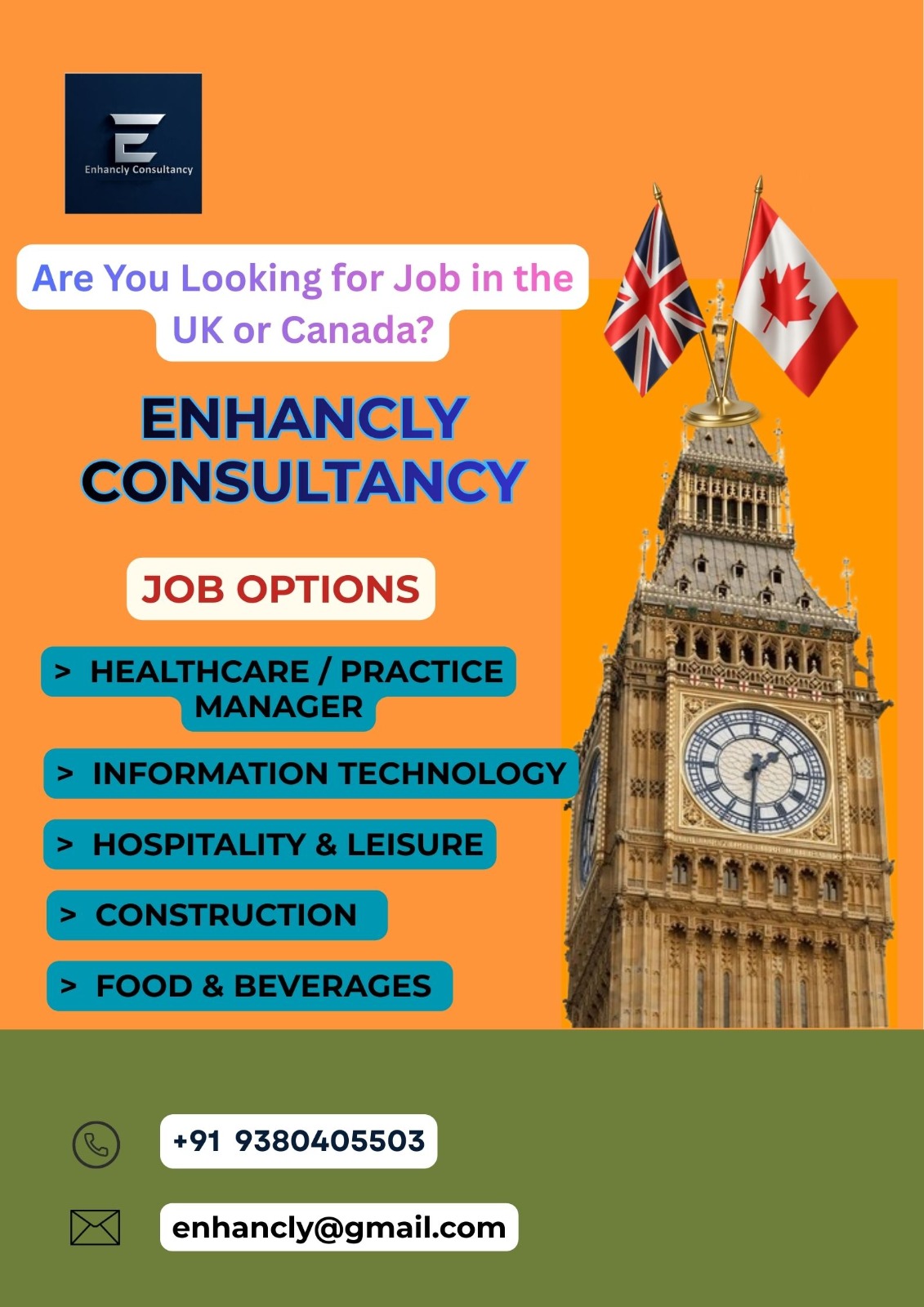 Enhancly Consultancy — UK and Canada job placement across Healthcare, IT, Hospitality, Construction and Food & Beverages